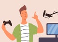 Friendly gamer guy hold joystick talk at microphone vector flat illustration. Hipster male streamer during online game