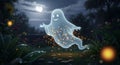 Friendly ghost floats magically through a moonlit garden filled with fireflies and flowers Royalty Free Stock Photo