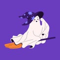 Friendly ghost fly on broomstick. Cute spook flying on broom. Happy phantom in witch pointed hat. Baby spirit in wizard