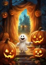 A friendly ghost helping lost trick or treaters find their way home halloween frame border