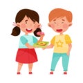 Friendly Girl Character Sharing Doughnut with Her Agemate Boy Vector Illustration