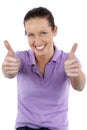 Young adult woman, casual clothes, thumbs up, smiling, vertical, white background Royalty Free Stock Photo