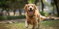 A friendly golden retriever happily wagging its tail while playing fetch in the park, concept of Canine enthusiasm Royalty Free Stock Photo