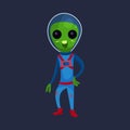 Friendly green alien with big eyes wearing blue space suit, alien positive character cartoon Illustration
