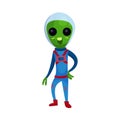 Friendly green alien with big eyes wearing blue space suit, alien positive character cartoon vector Illustration Royalty Free Stock Photo