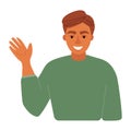 Friendly greetings gesture concept. Cheerful, smiling, cute young man or boy, waving, saying hi, hello, good afternoon