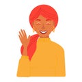 Friendly greetings gesture concept. Cheerful, smiling, cute young red-haired girl, waving, saying hi, hello, good