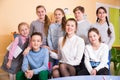 Friendly group of pupils with teacher in schoolroom