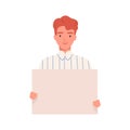 Friendly guy smiling holding empty banner with place for text vector flat illustration. Happy male activist person