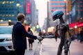 Friendly handshake between human and alien on city street.