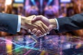 Friendly handshake of two digital businessmen. Generative AI
