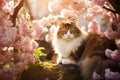 Friendly Happy Cat Playing In A Blossoming Pink Cherry Tree Garden On Spring Day. Walking A Pet Outdoors
