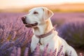 Friendly happy dog sitting in the blossoming lavender field on sunny summer day. Walking a dog outdoors