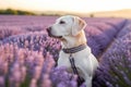Friendly happy dog sitting in the blossoming lavender field on sunny summer day. Walking a dog outdoors