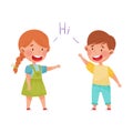 Friendly Kids Greeting Each Other Waving Hands and Laughing Vector Illustration