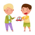 Friendly Kids Playing Together and Sharing Toy Car Vector Illustration