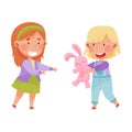 Friendly Kids Playing Together and Sharing Toy Hare Vector Illustration