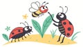 Friendly Ladybugs and Bee on Green Leaf Vector, vector design Generative AI Royalty Free Stock Photo