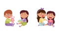 Friendly Little Kids Cheering Up Agemate and Sharing Toys Vector Set