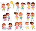 Friendly Little Kids Holding Hands and Cheering Up Each Other Vector Illustrations Set