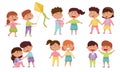 Friendly Little Kids Holding Hands and Cheering Up Each Other Vector Illustrations Set