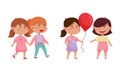 Friendly Little Kids Holding Hands and Sharing Toy Balloon Vector Set