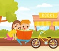 Friendly Little Kids Reading Book Together Vector Illustration