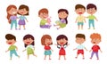 Friendly Little Kids Sharing Toys and Socializing with Each Other Vector Illustrations Set