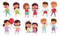 Friendly Little Kids Sharing Toys and Socializing with Each Other Vector Illustrations Set