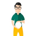 Friendly looking young man in polo. The character has a free space in his hands for your logo, sign, etc. Flat design character