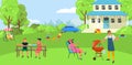 Friendly lovely family barbecue outdoor party, people character together bbq backyard, funny time spend flat vector