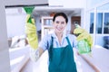 Friendly maid cleaning a mirror Royalty Free Stock Photo