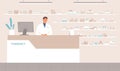 Friendly male pharmacist standing at counter in pharmacy vector flat illustration. Positive seller in white medical coat Royalty Free Stock Photo