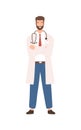 Friendly male physician wearing stethoscope posing vector flat illustration. Positive doctor in white coat standing with