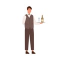 Friendly male waiter holding tray with bocal and bottle of champagne vector flat illustration. Smiling restaurant staff