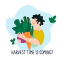 Friendly man holding giant beetroot, carrot, leek. Harvest Time Is Coming quote. Harvesting, fresh vegetables concepts