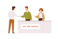 Friendly man and woman head hunter shaking hands with candidate during hiring process vector flat illustration