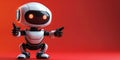 friendly mini cute robot points with hand to copy space on red background