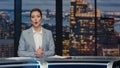 Friendly newsreader speaking newscast evening studio closeup. Tv broadcasting