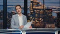 Friendly newsreader speaking newscast evening studio closeup. Tv broadcasting