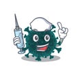 Friendly nurse of coronavirus COVID 19 mascot design holding syringe Royalty Free Stock Photo