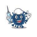 Friendly nurse of decacovirus mascot design holding syringe Royalty Free Stock Photo