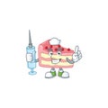 Friendly Nurse strawberry slice cake mascot design style using syringe