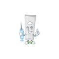 Friendly Nurse white plastic tube mascot design style using syringe