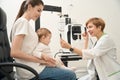 Friendly ophthalmologist checking child ocular health in presence of mother