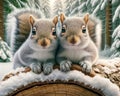 Friendly Pair Squirrels Small Animals Snowfall Forest Woodland Critters Winter Canada AI Generated