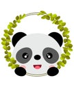 Friendly panda peeking out of round leaves frame