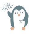 Friendly penguin and welcome lettering. Vector children\'s illustration. Isolated on white. For printing, children\'s decor