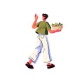 Friendly person greeting, waving hand, say hello. Happy character hold salad bowl, carrying dish with greens. People