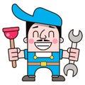 Friendly Plumber, He Is Dressed In Work Clothes And Carrying A Tool Vector